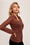 NOVA RUCHED BUTTON DOWN - Cocoa brown, ruched top, ruched front of top, fitted top 