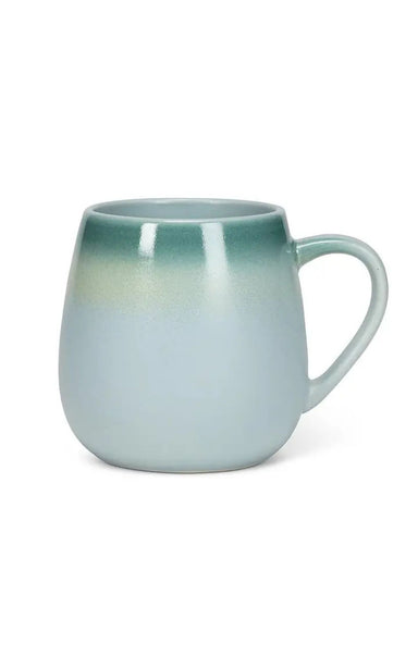A ceramic mug with a smooth gradient glaze transitioning from a dark teal-green at the top to a soft light blue at the bottom, set against a plain white background.