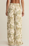 Tropical patterned pants worn by a person on a plain background