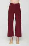 A person wearing high-waisted, wide-leg cropped pants in a deep burgundy corduroy fabric, paired with beige heels, shown against a plain light gray studio background.