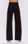 Black wide-leg jeans shown from the back on a model, featuring a high waist and straight, relaxed leg, paired with beige high-heeled sandals against a light gray background.