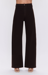 Black wide-leg cropped pants with a frayed hem, shown on a model from the waist down wearing beige sandals against a light gray background.