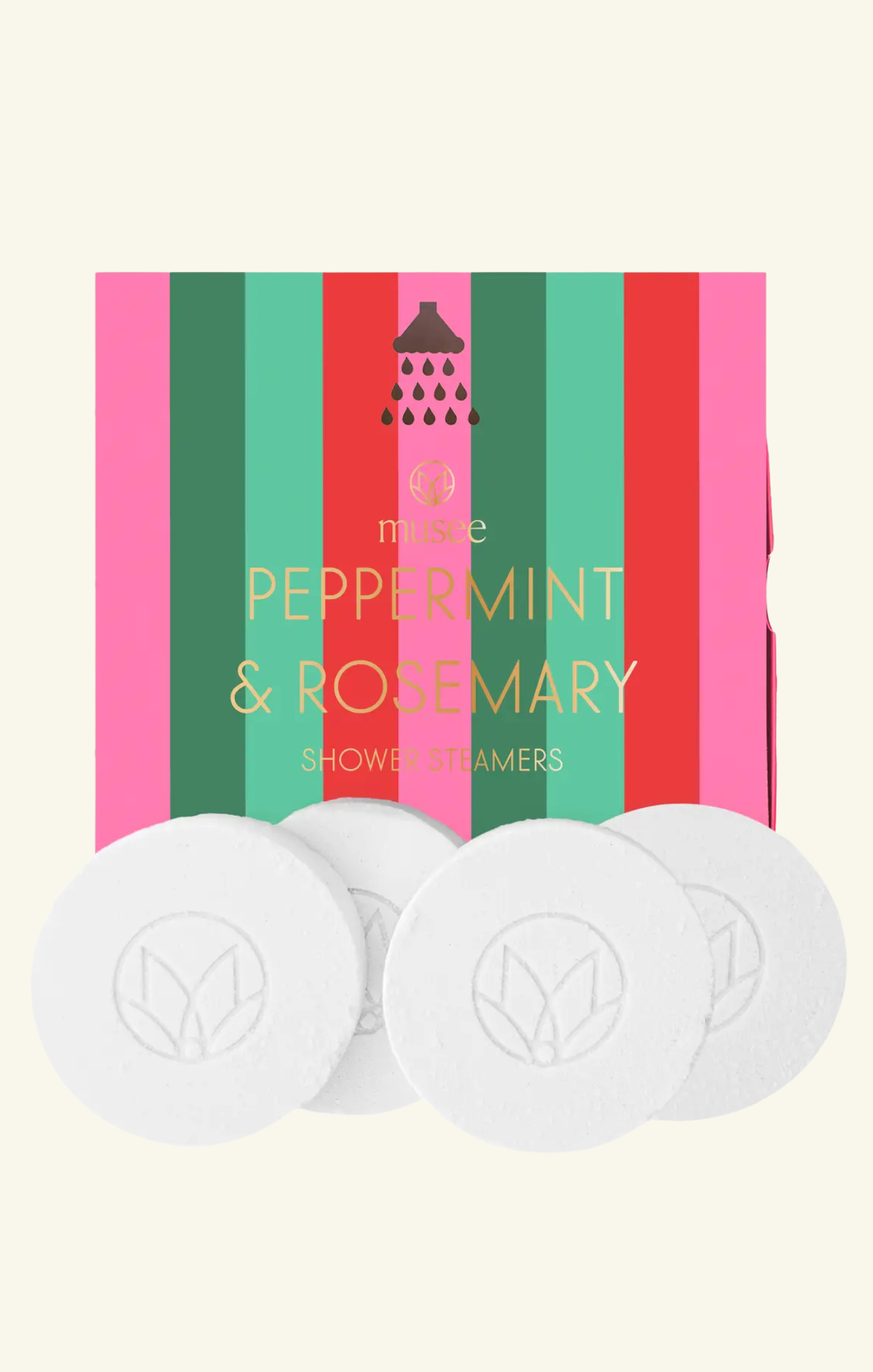 Three white shower bars with a colorful striped box labeled 'Peppermint & Rosemary' on a white background.