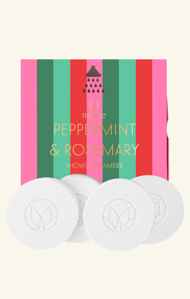 Three white shower bars with a colorful striped box labeled 'Peppermint & Rosemary' on a white background.