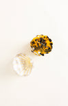 Two shell-shaped earrings with tortoiseshell and gold accents on a white background