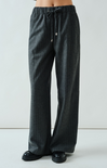 Dark gray wide-leg pants with a drawstring waist on a light gray background