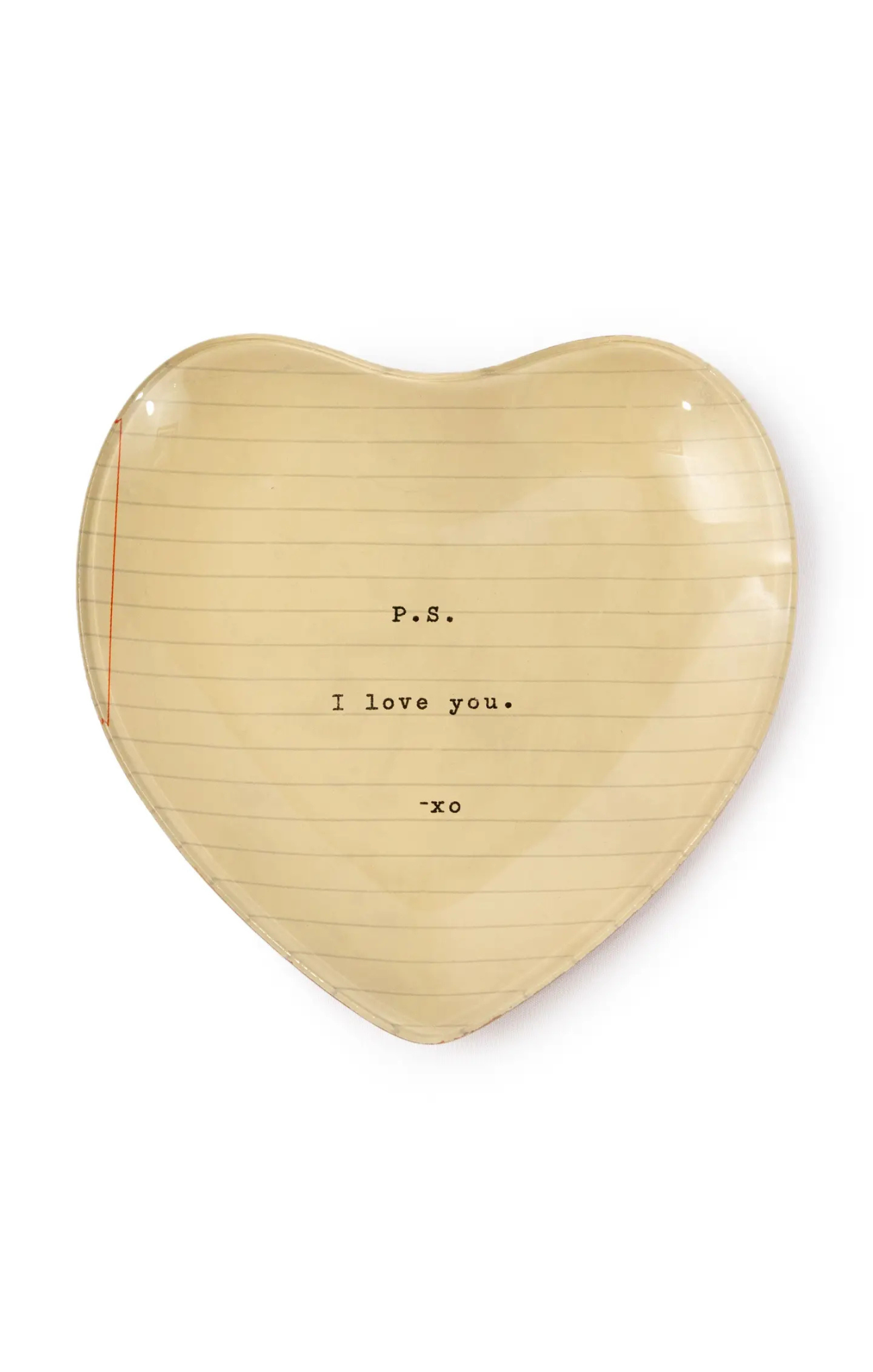 Heart-shaped wooden box with lined texture and text on a white background