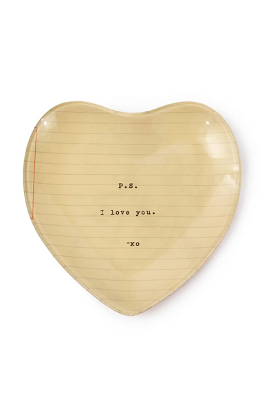 Heart-shaped wooden box with lined texture and text on a white background