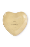 Heart-shaped wooden box with lined texture and text on a white background