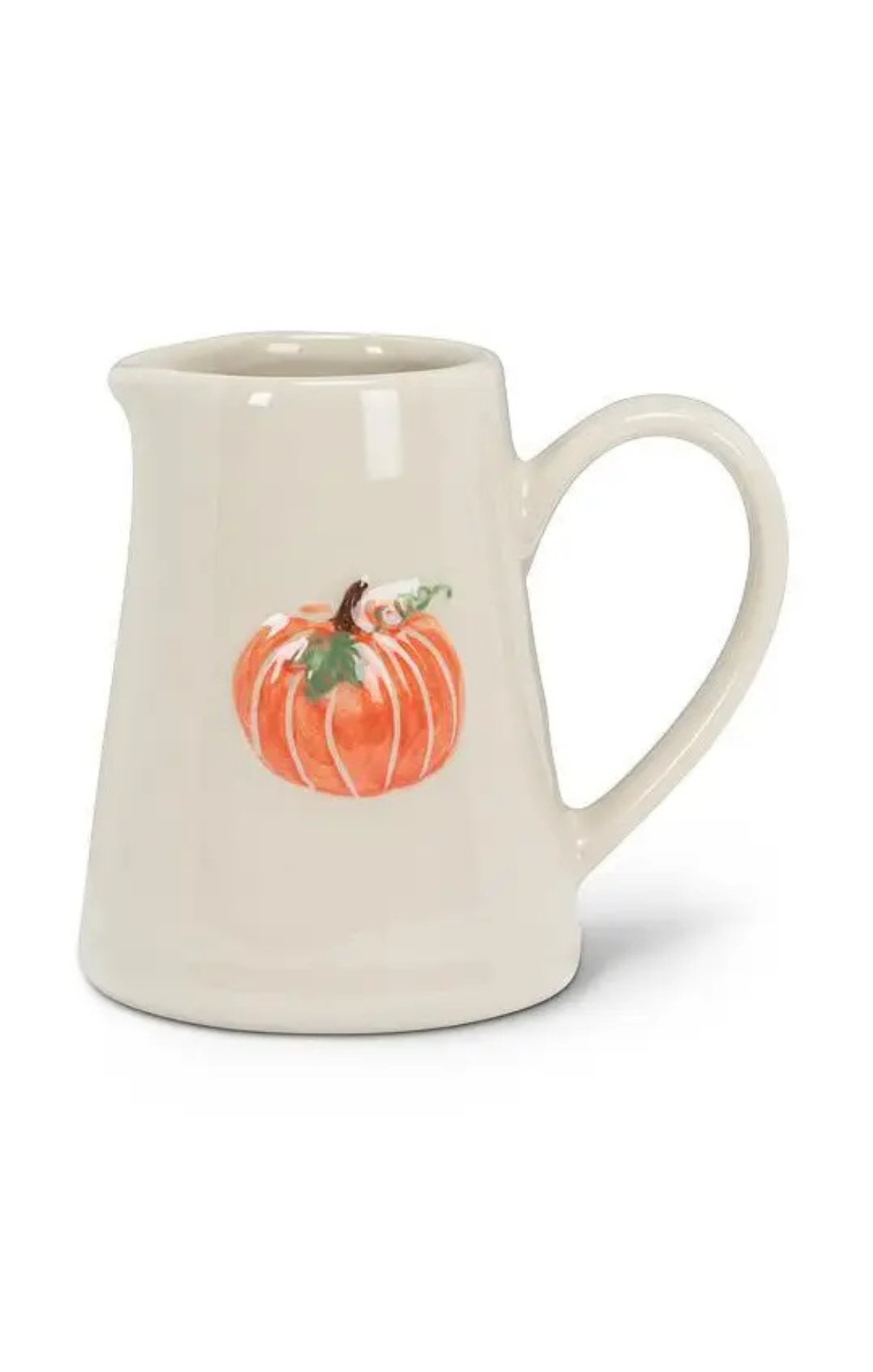 An off-white ceramic pitcher featuring a painted orange pumpkin with green leaves on the front, set against a plain white background.
