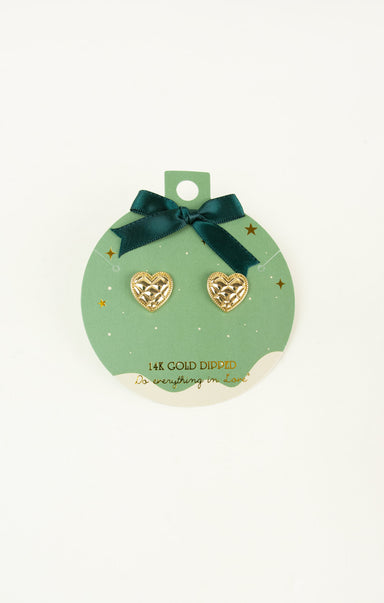 Heart-shaped earrings on a green card with a ribbon, branded 'The Gold Dipper'.
