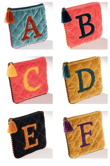 QUILTED VELVET ALPHABET POUCHES-whole alphabet,different colrs for each letter,quilted bags,zipper closure 