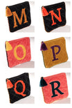 QUILTED VELVET ALPHABET POUCHES-whole alphabet,different colrs for each letter,quilted bags,zipper closure 