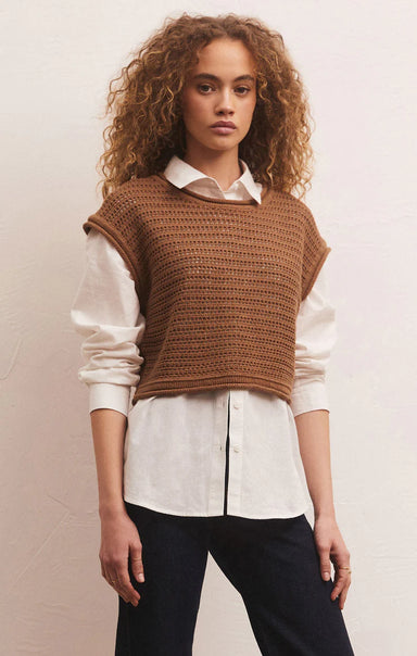 QUINCEY SWEATER TOP-chestnut,loose knit,scoop neck,crop,short sleeved