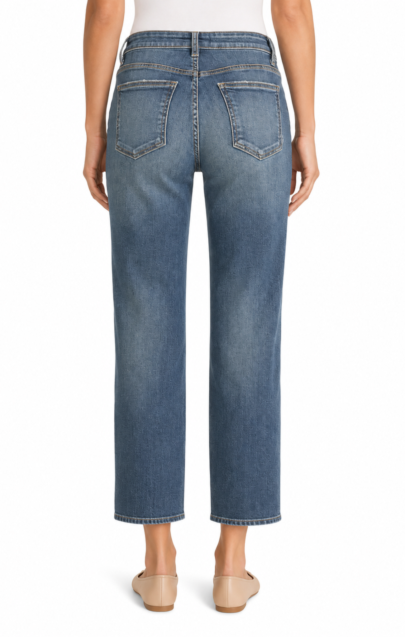 Blue jeans worn by a person on a white background