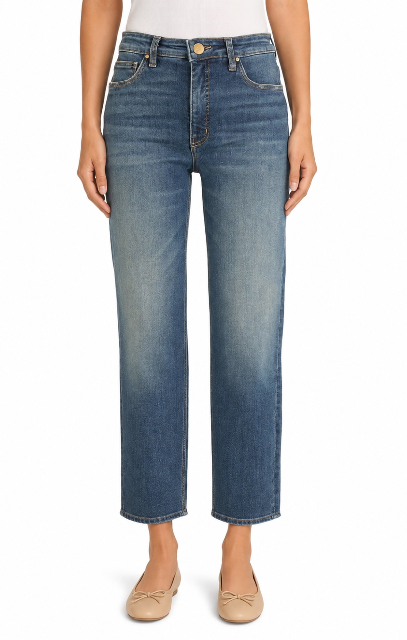 Person wearing blue jeans on a white background