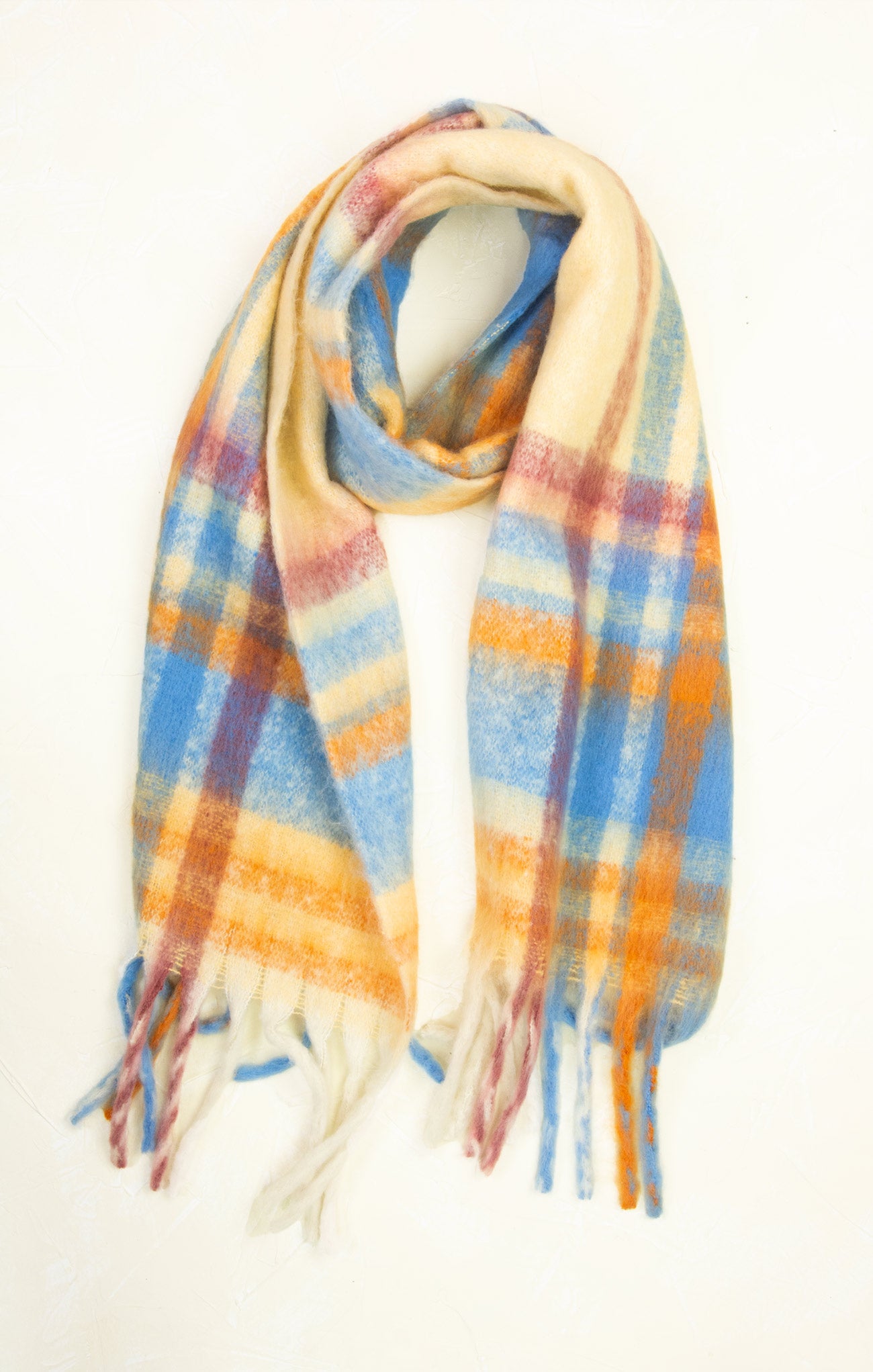 Plaid scarf with blue, orange, and beige colors on a white background