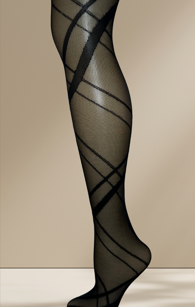 Black patterned sheer stockings on a beige background