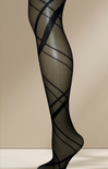 Black patterned sheer stockings on a beige background