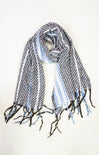 Striped scarf with black, white, and blue pattern on a white background