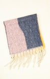 Two-tone scarf with pink and blue hues and fringes on a white background