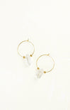 Gold hoop earrings with clear cylindrical beads on a white background