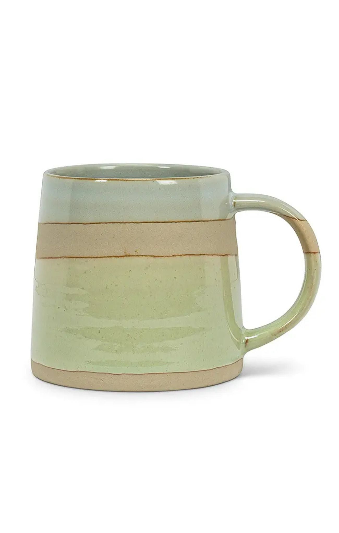 A handmade ceramic mug with a wide handle, featuring a horizontal band of matte beige glaze over a glossy light green body, set against a plain white background.