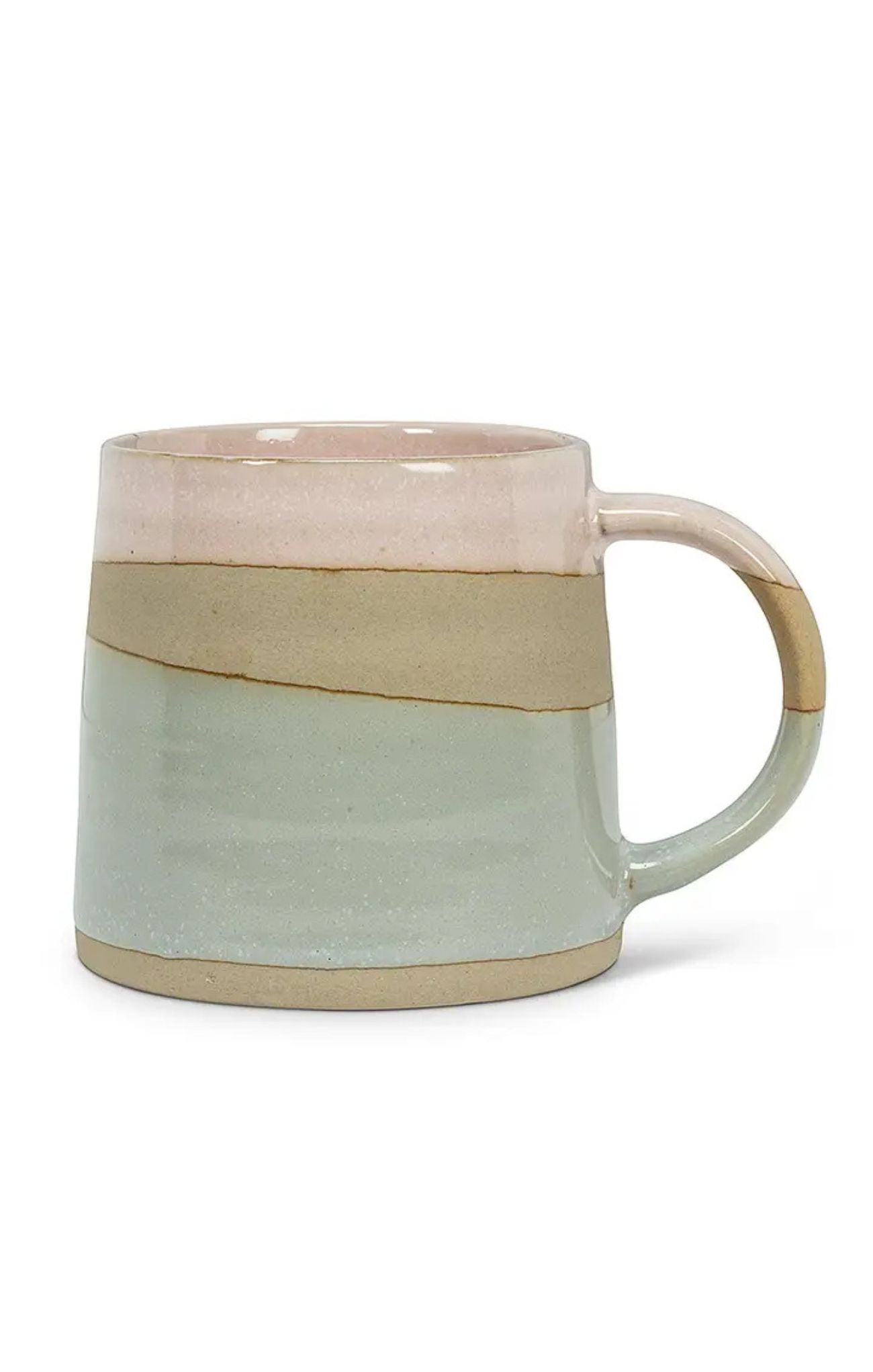 A handmade ceramic mug with a rustic, hand-rimmed finish, featuring horizontal bands of dusty pink, sandy beige, and pale sage green glaze, with a matching curved handle.