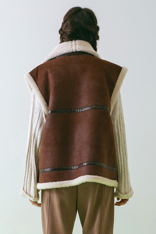 SAGE FAUX SHEARLING VEST - Brown, Shearling Vest, Faux Leather, oversized, pockets