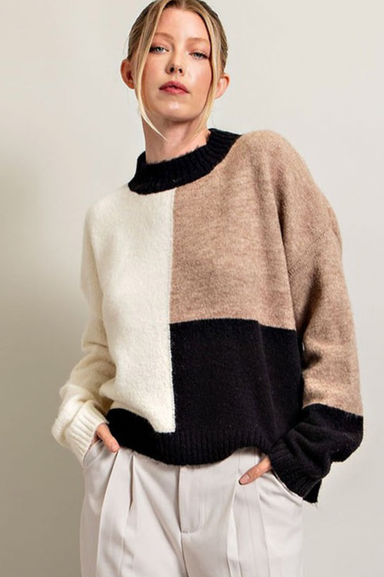 SAVANNAH COLOR BLOCK SWEATER-denim,black,color block pattern,long sleeve,mock neck,knitted