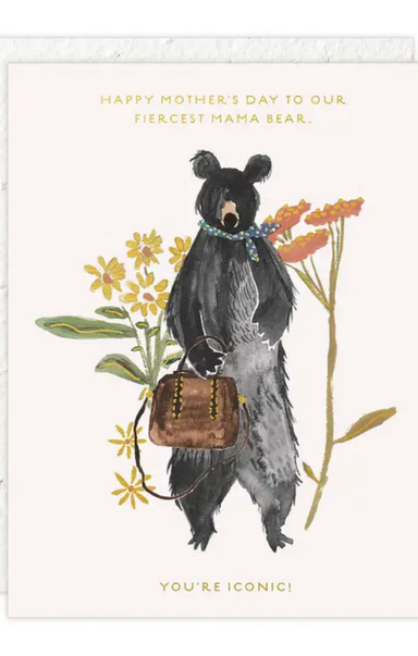 Card with a bear holding a handbag, surrounded by flowers, and text on a white background.