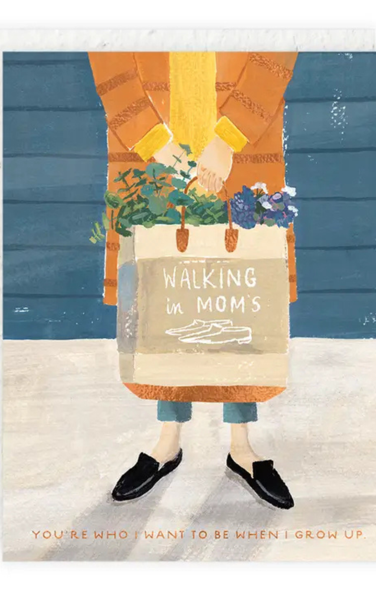Illustration of a person holding a bag with plants and text, standing against a blue wall.