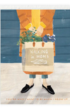 Illustration of a person holding a bag with plants and text, standing against a blue wall.