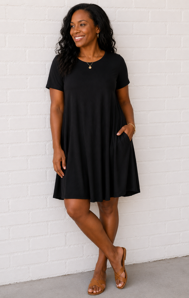 Woman wearing a black dress standing against a white brick wall.