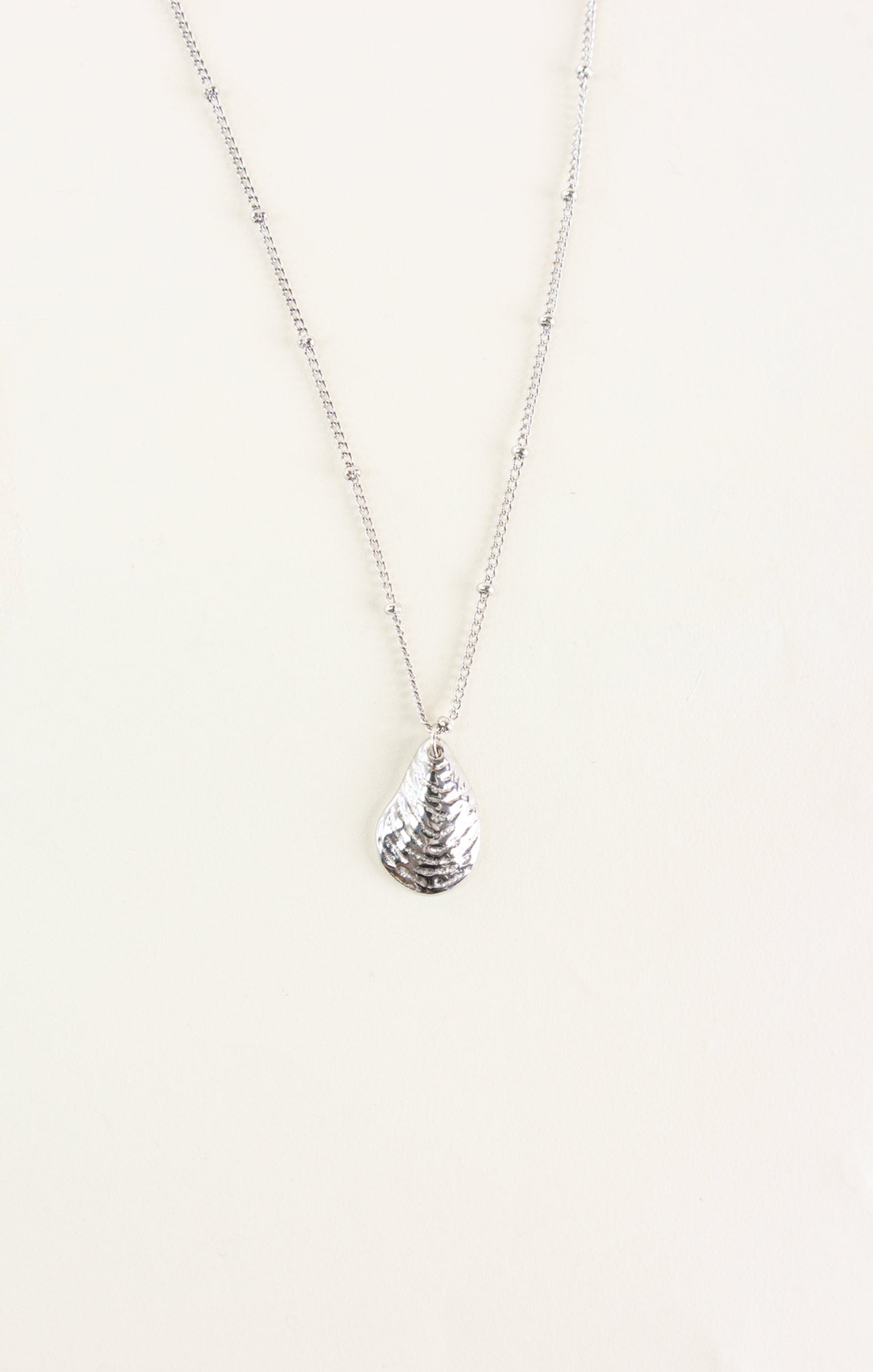 Silver necklace with a pendant on a white background