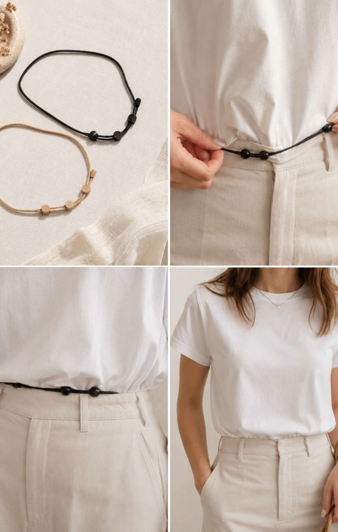 Collage of a person wearing a white shirt and beige pants with a black belt, focusing on the belt and clothing details.