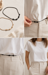 Collage of a person wearing a white shirt and beige pants with a black belt, focusing on the belt and clothing details.