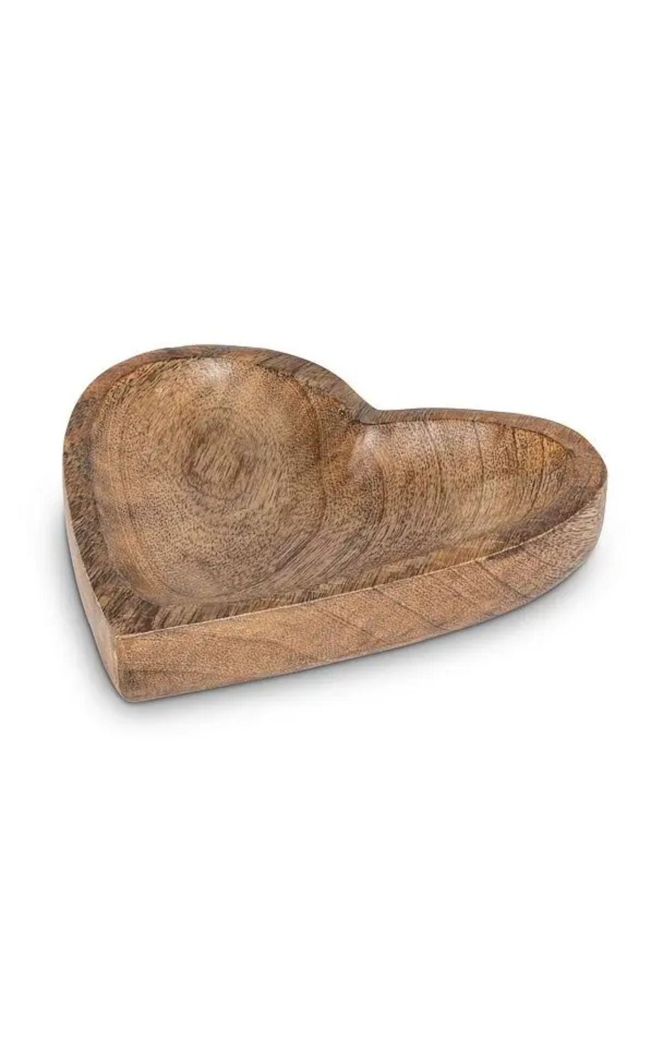 A heart-shaped wooden bowl with a polished finish, showcasing natural wood grain patterns, set against a plain white background.