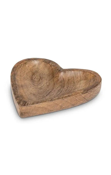 A heart-shaped wooden bowl with a polished finish, showcasing natural wood grain patterns, set against a plain white background.