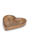 A heart-shaped wooden bowl with a polished finish, showcasing natural wood grain patterns, set against a plain white background.