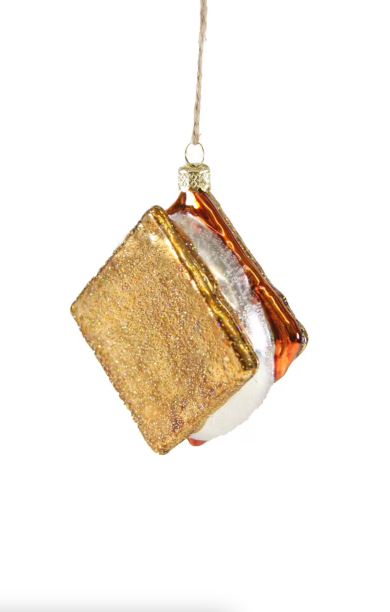 Decorative Christmas ornament shaped like a marshmallow with gold and brown glitter on a white background