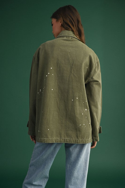 STELLA DISTRESSED JACKET-green,paint splatters,distressed,utilitarian style,long sleeve,jacket