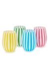 Set of four striped cups in yellow, green, blue, and pink on a white background