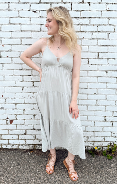 Shop At Grace, Sweetheart Tiered Dress, midi dress, Zenana, adjustable straps, tiered skirt, sweetheart neckline, lt cement