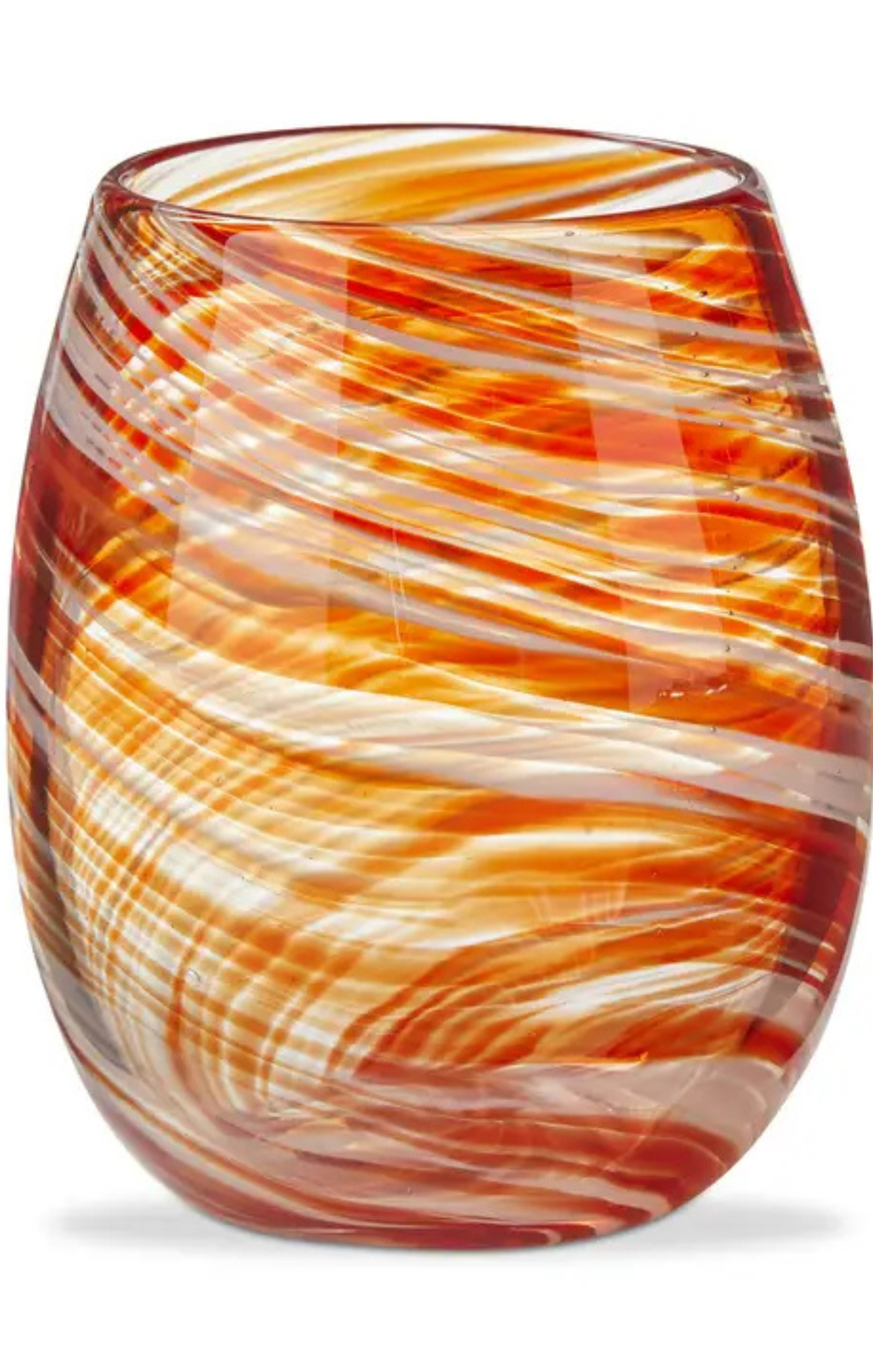 A stemless wine glass made of swirled orange, red, and white glass, shown on a clean white background.
