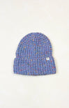 Blue knitted beanie on a white background
