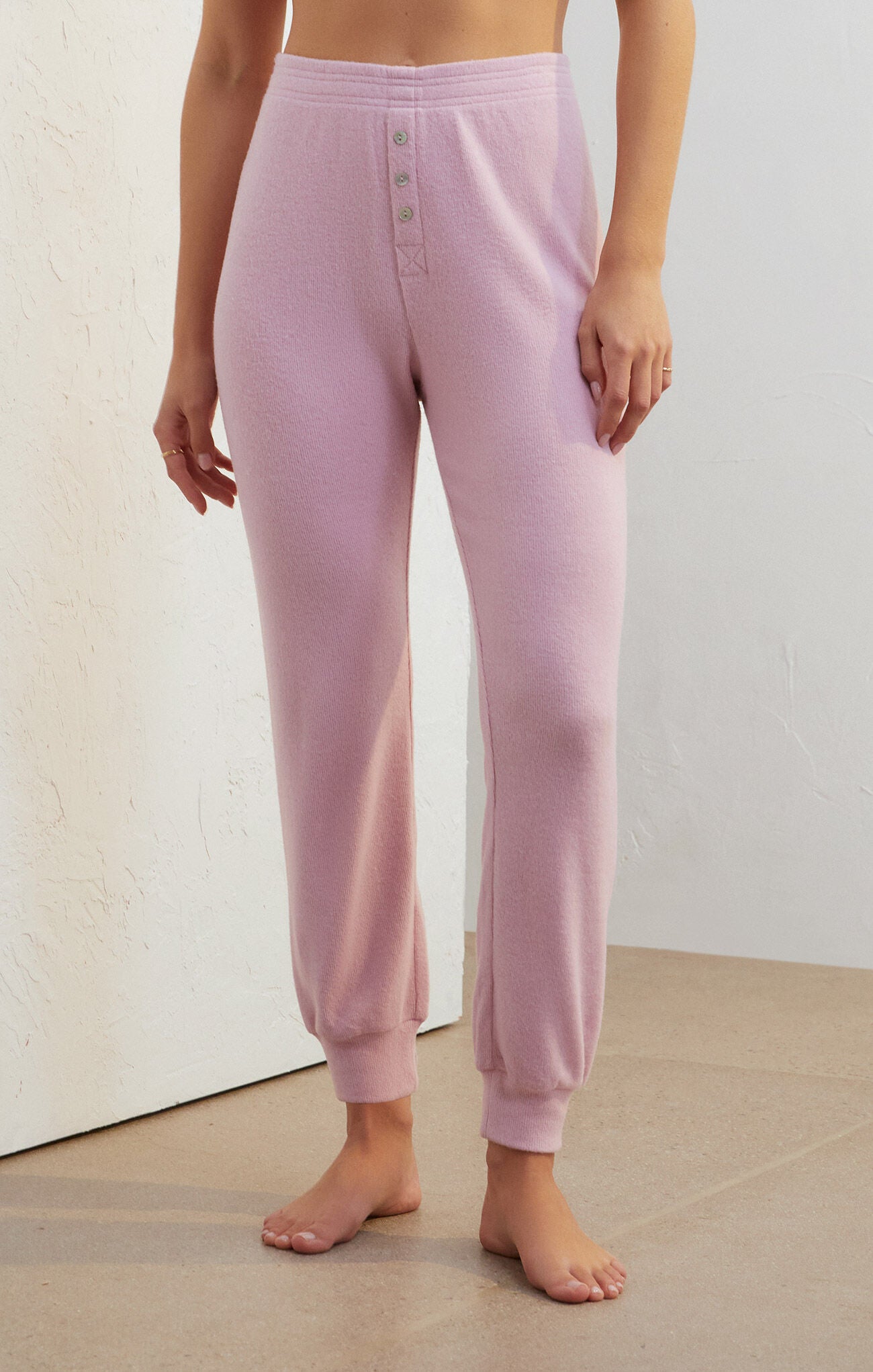 TAKE IT EASY RIB JOGGER-pink glaze,elastic waist,button detail on front,cuffed at ankles,pajama bottom