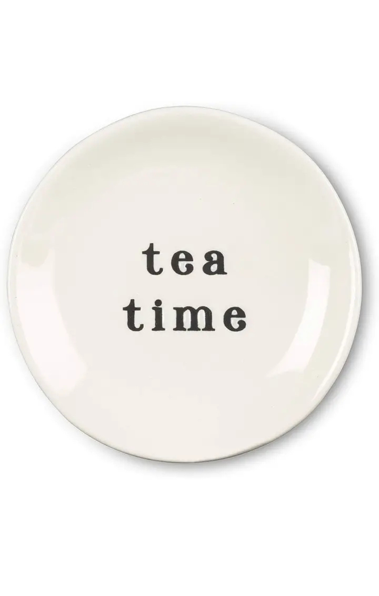 A round off-white ceramic plate with the words 'tea time' printed in a black serif font in the center, set against a plain white background.
