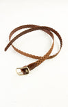 Brown braided belt with a gold buckle on a white background