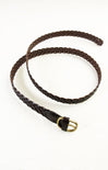 Brown braided belt with a gold buckle on a white background